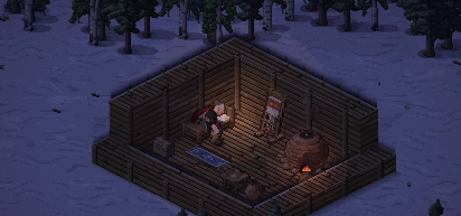 Inside a log cabin at night