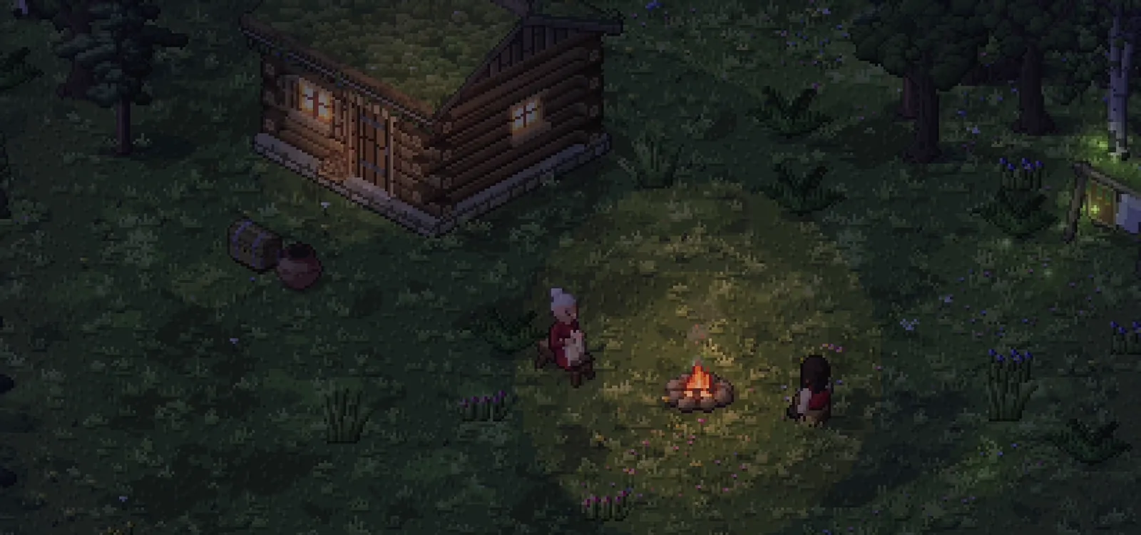 Friends by a campfire at night