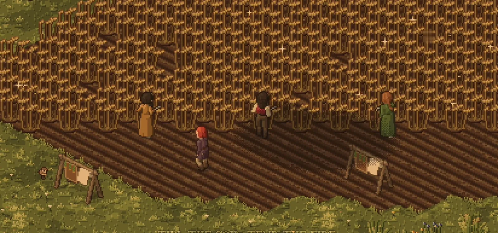 Neighbours working a golden field at harvest