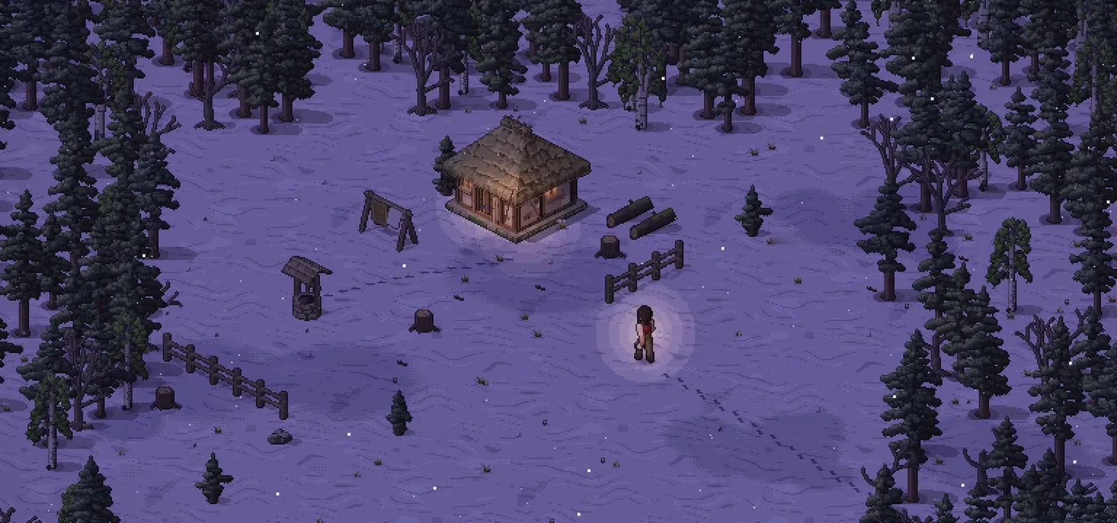 A cottage on a snowy winter night